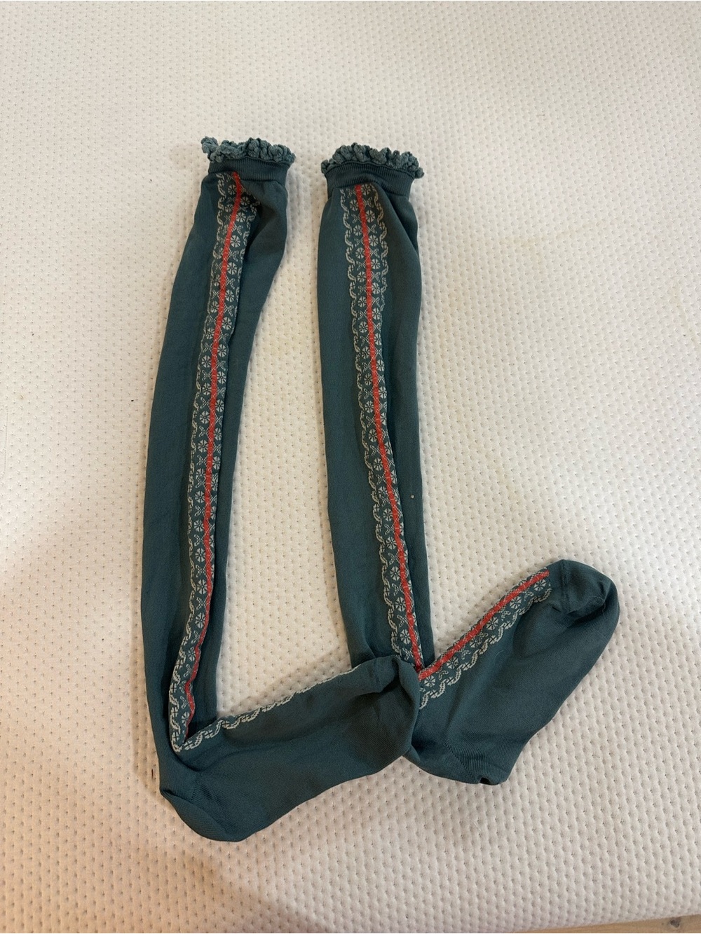 Teal Tights with Side Embroidered Stripe